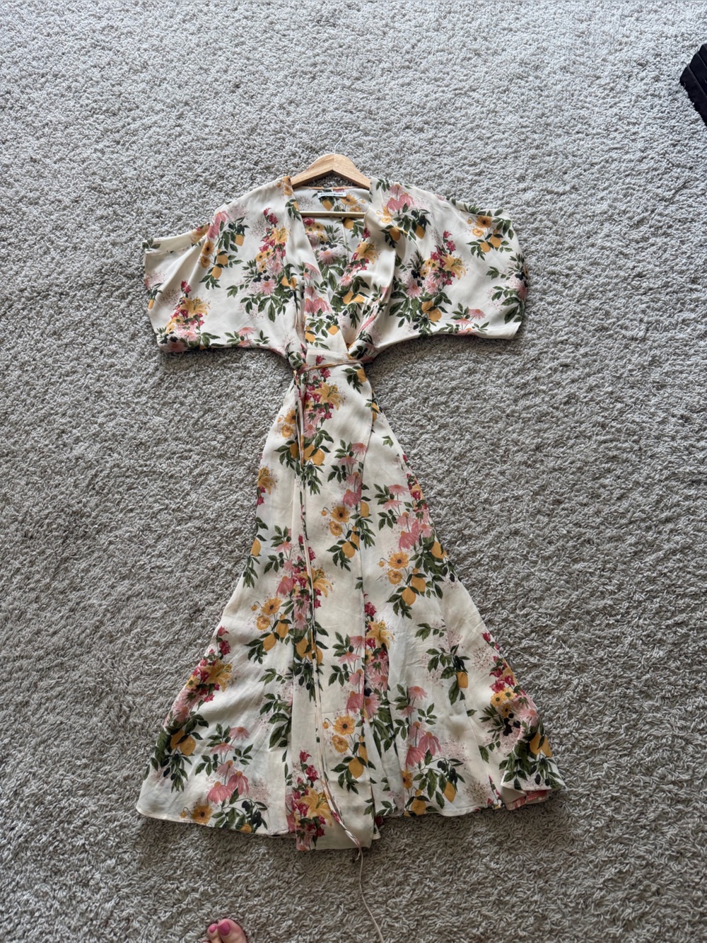 Reformation Floral Tie-Waist Maxi Dress in Cream, Pink, Green, and Mustard